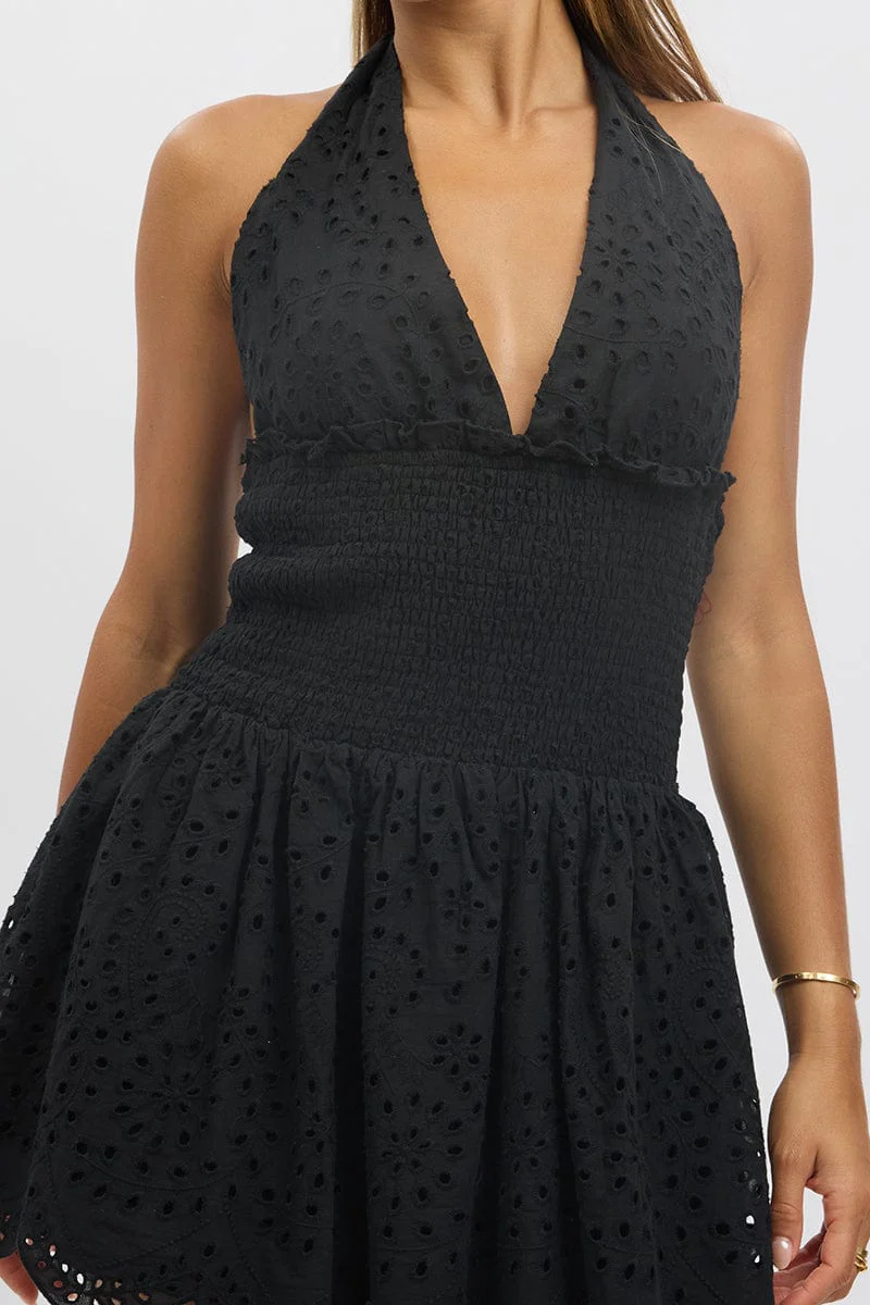 Black Halter Neck Dress Mini Eyelet Fabric - Image 6