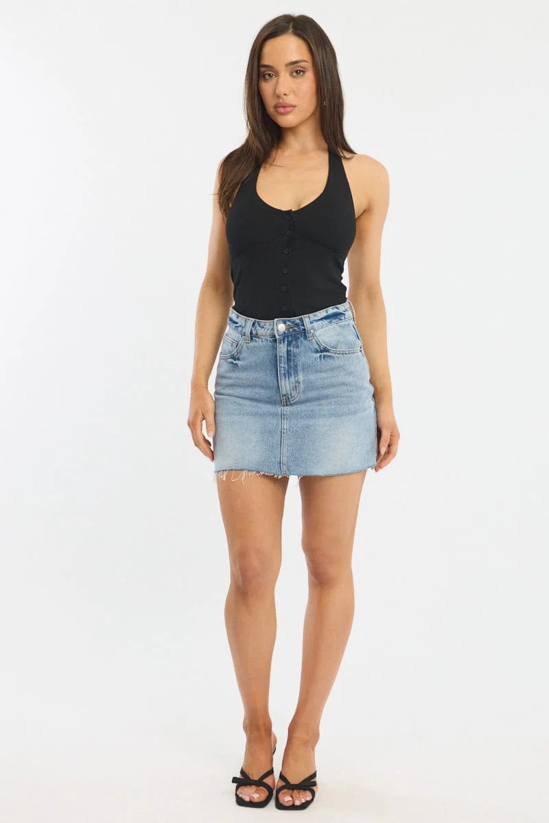 Black Halter Neck Top Button Front Rib - Image 2