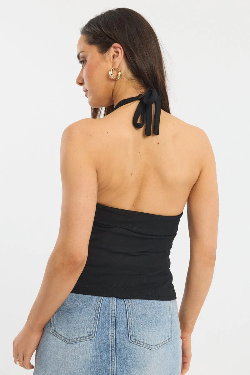 Black Halter Neck Top Button Front Rib - Image 4