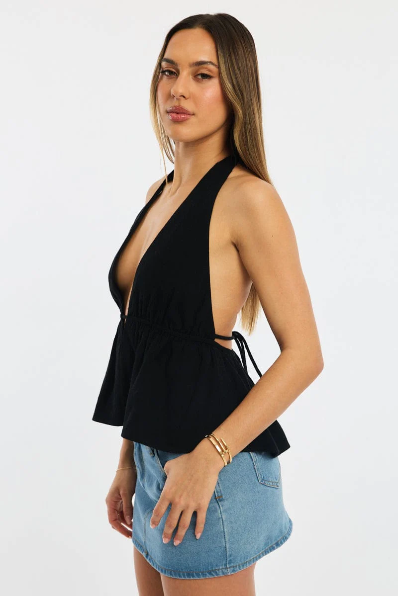 Black Halter Top Sleeveless V-neck Linen Blend - Image 3