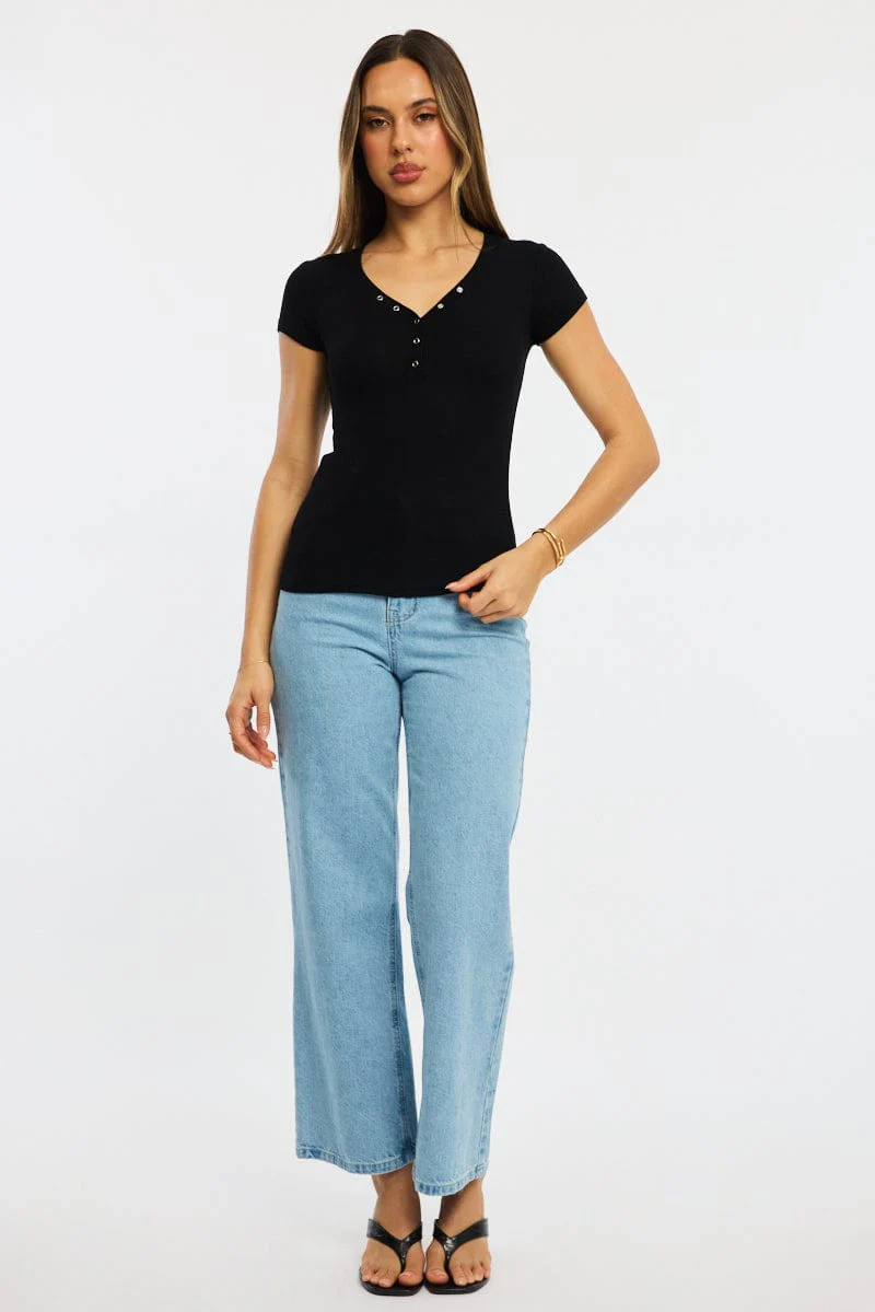 Black Henley Top Short Sleeve - Image 2