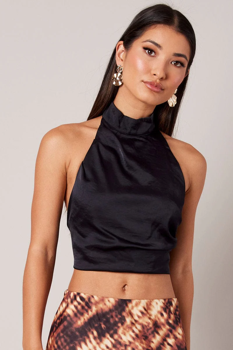 Black High Neck Top Sleeveless Tie Back Satin - Image 3