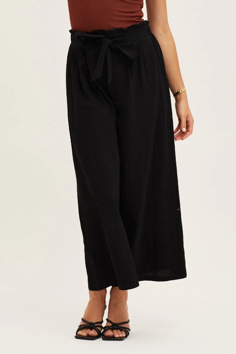 Black High Rise Waist Tie Crop Wide Pants - Image 2