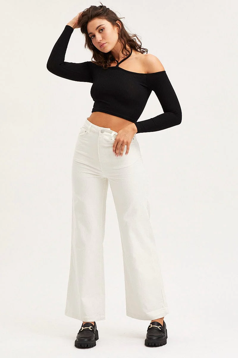 Black Jersey Crop Top Long Sleeve Halter Neck - Image 2