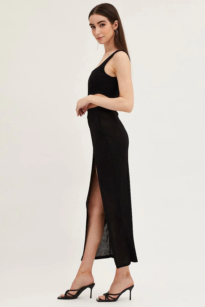 Black Jersey Elastic Waist Front Split Midi Skirt - Image 4