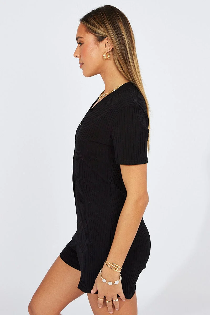 Black Jersey Romper Button Through Nightwear Onesie - Image 4