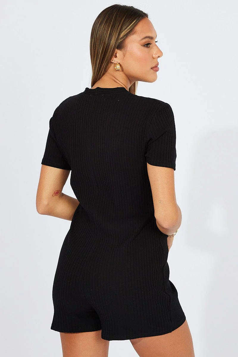 Black Jersey Romper Button Through Nightwear Onesie - Image 5