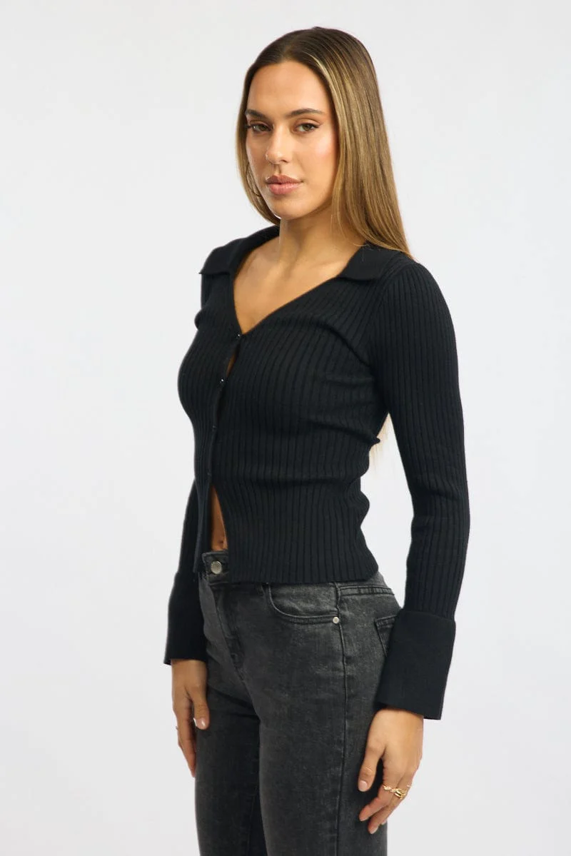 Black Knit Cardigan Collar V-neck Long Sleeve - Image 3