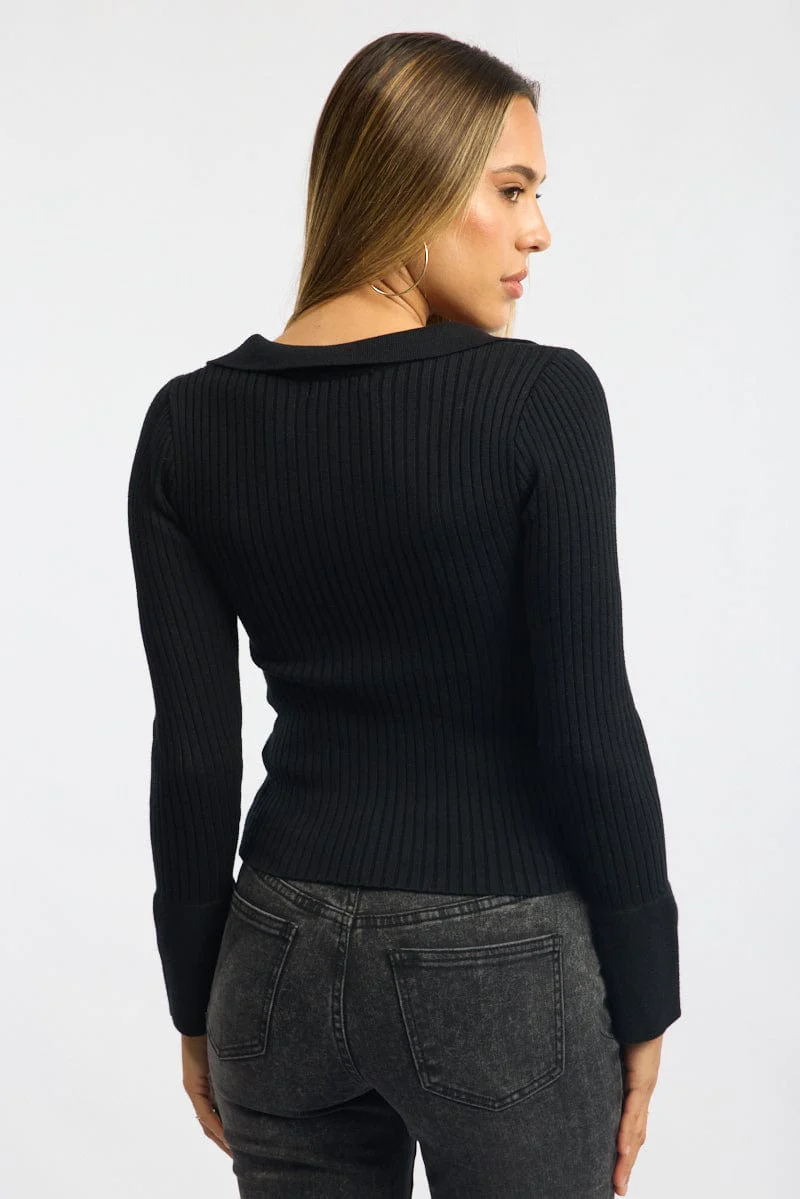 Black Knit Cardigan Collar V-neck Long Sleeve - Image 4