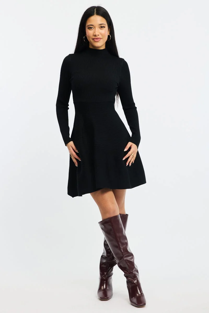 Black Knit Dress Fit And Flared