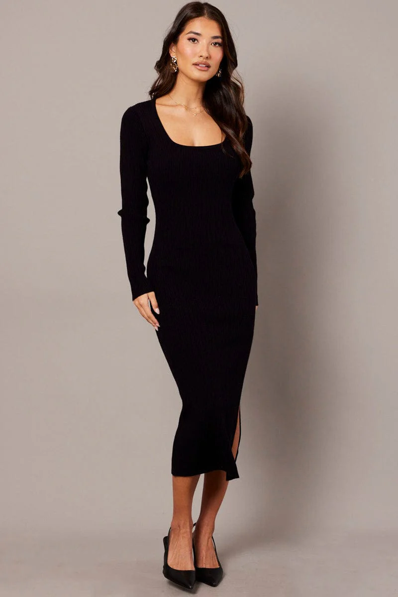 Black Knit Dress Long Sleeve Bodycon - Image 2