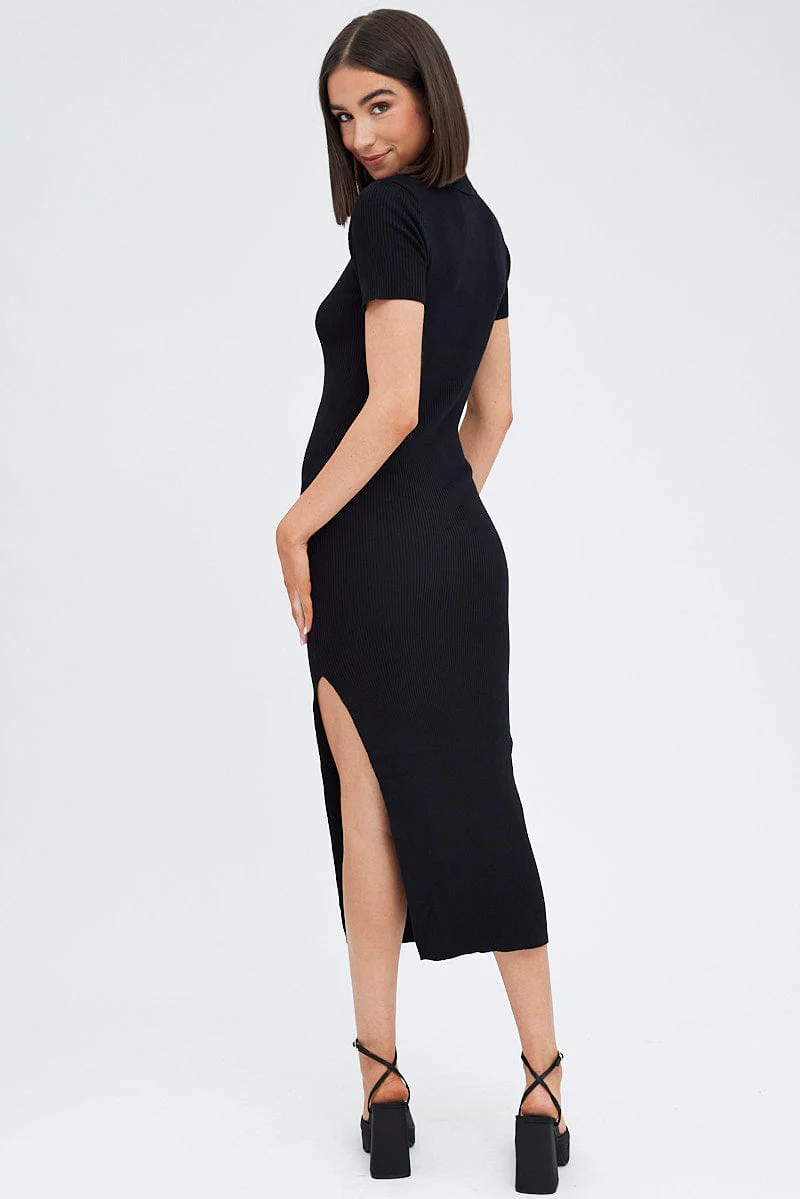 Black Knit Dress Short Sleeve Maxi Collared - Image 5