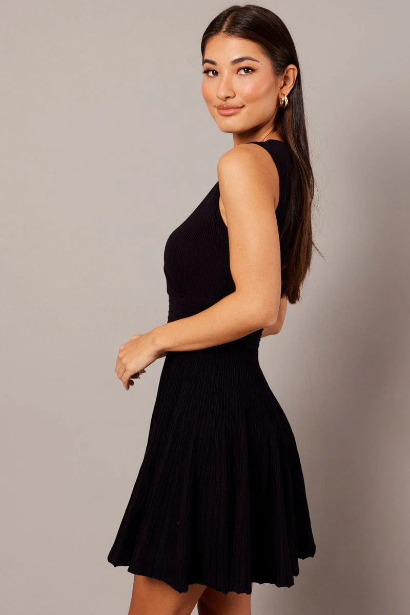 Black Knit Dress Sleeveless Fit and Flare - Image 4