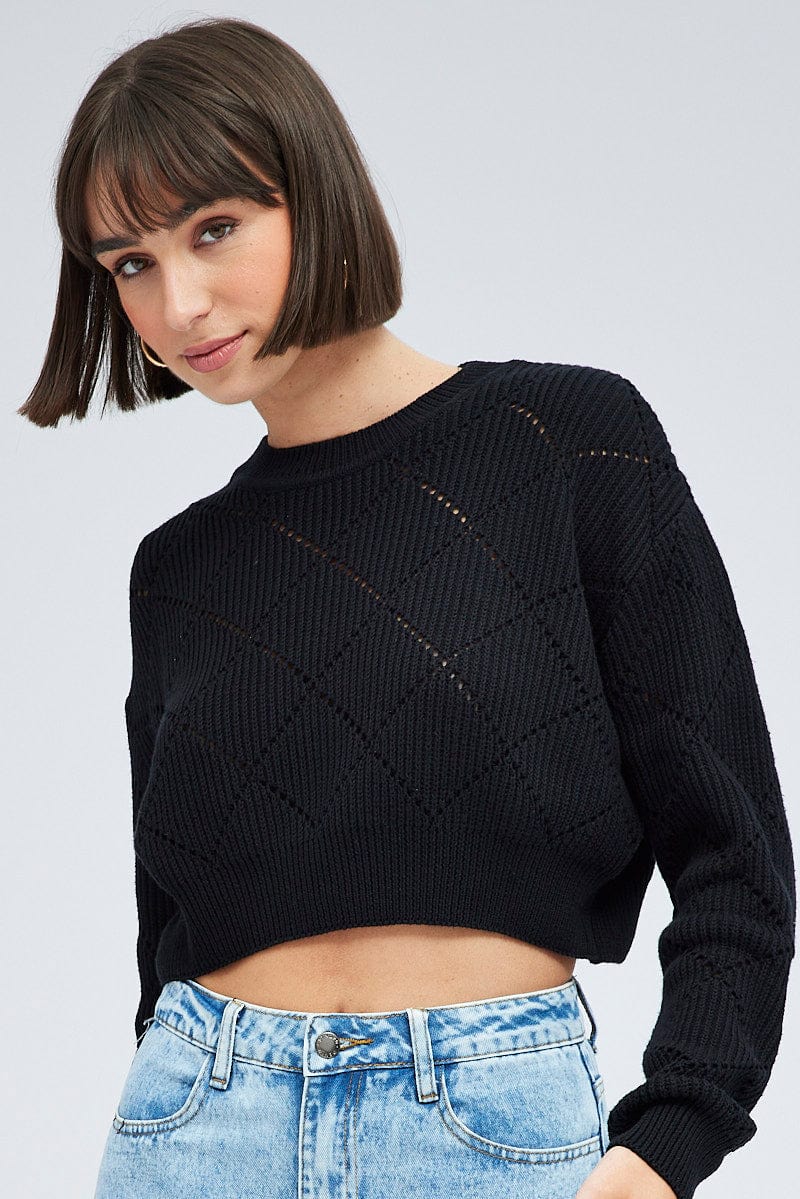 Black Knit Jumper Long Sleeve Crew Neck - Image 3