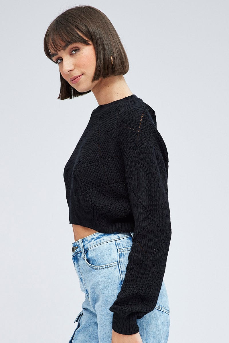 Black Knit Jumper Long Sleeve Crew Neck - Image 4