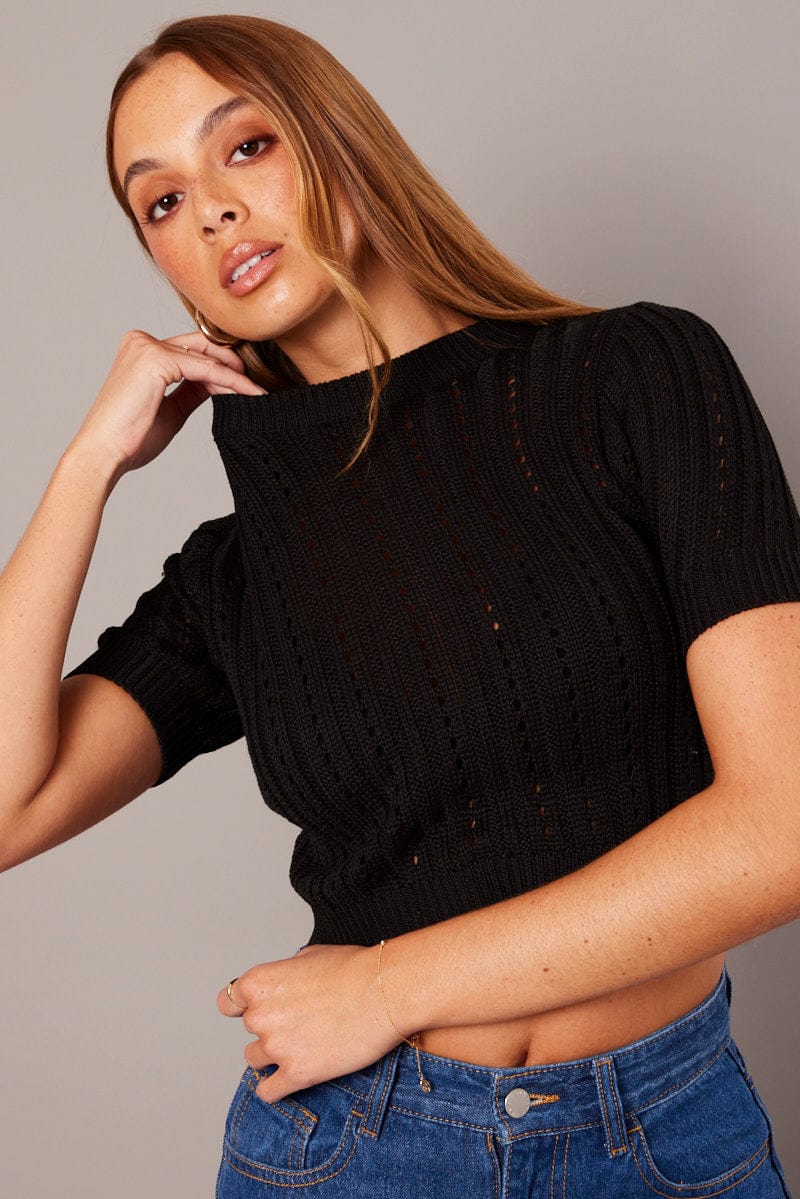 Black Knit Top Crew Neck Short Sleeves Cropped - Image 2