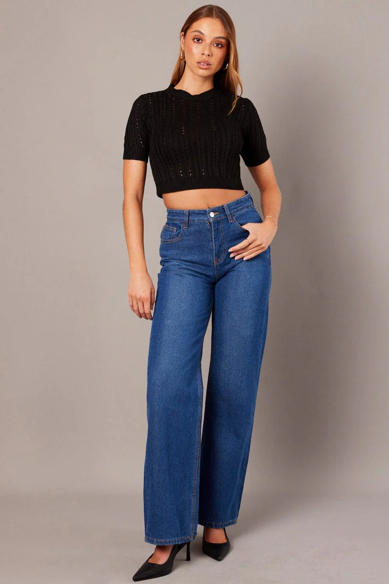 Black Knit Top Crew Neck Short Sleeves Cropped - Image 3