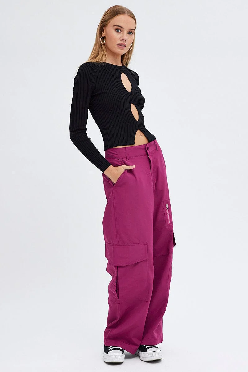 Black Knit Top Cut Out Long Sleeve Ribbed - Image 2