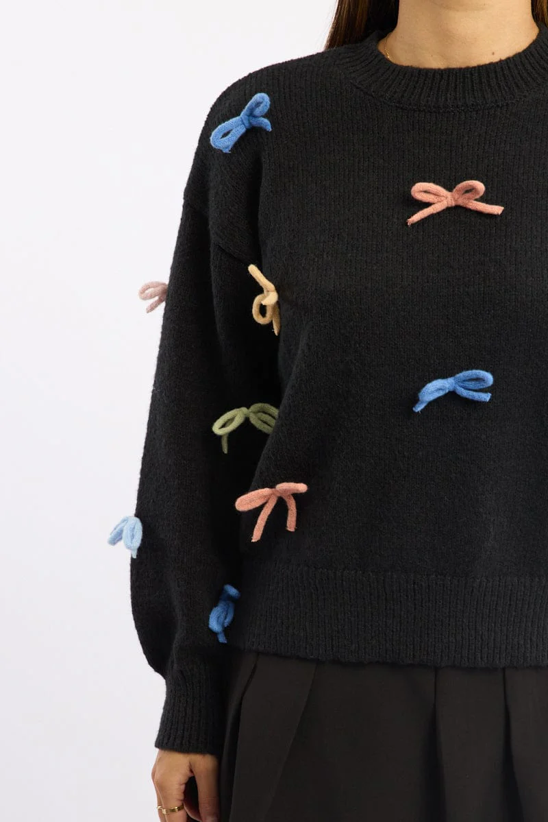 Black Knit Top Long Sleeve Bow Trim - Image 5