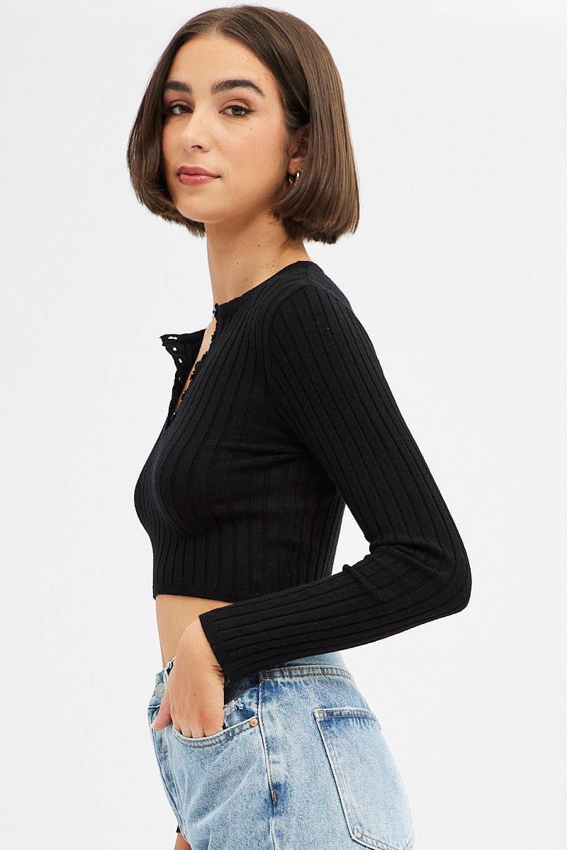 Black Knit Top Long Sleeve Crop - Image 4