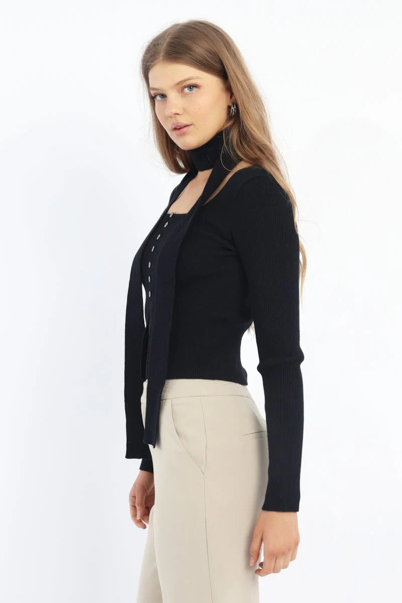 Black Knit Top Long Sleeve Scarf - Image 3
