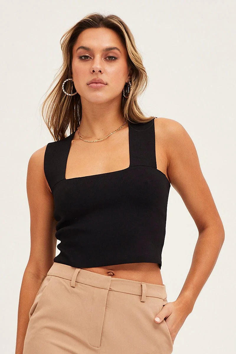 Black Knit Top Sleeveless Crop Square Neck - Image 3