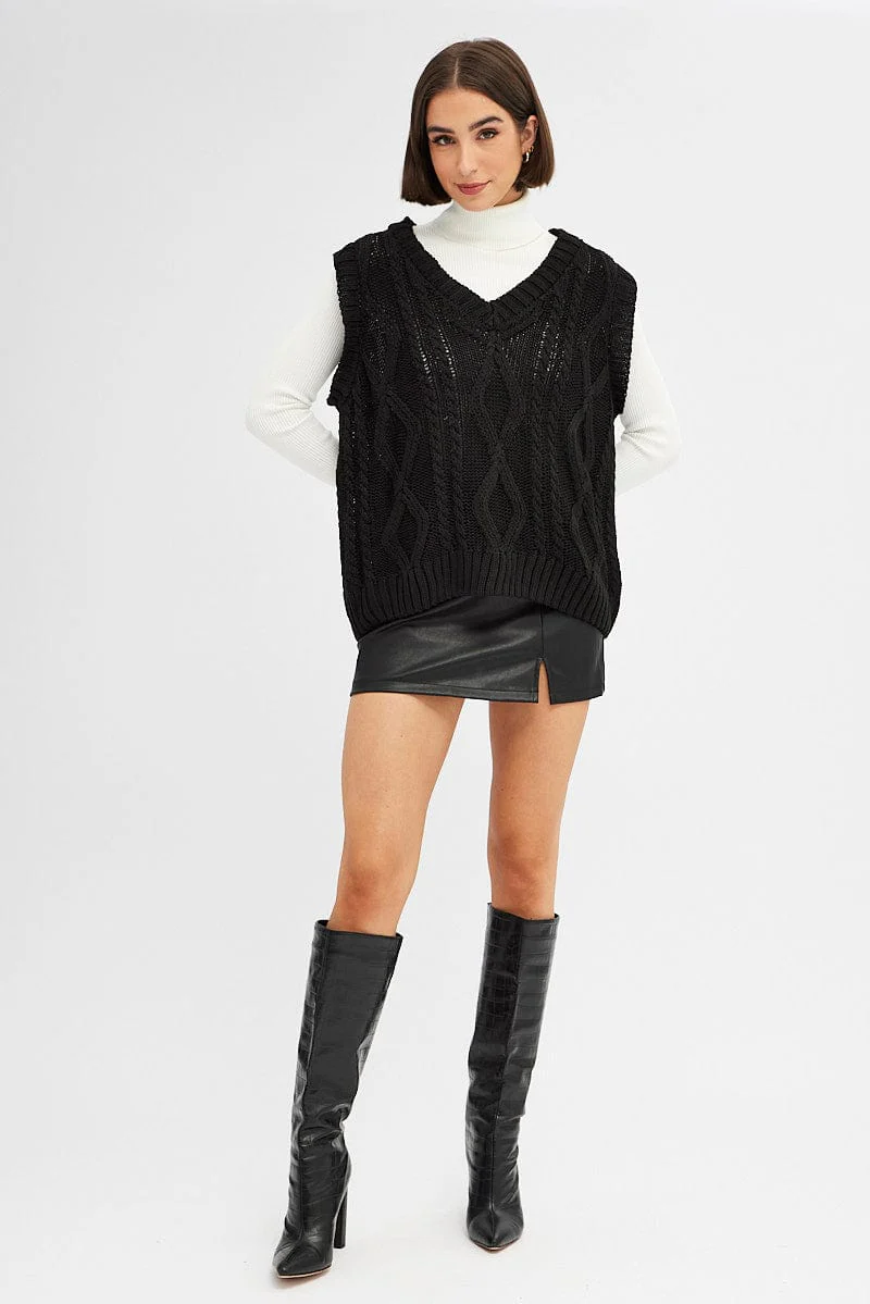 Black Knit Top Sleeveless Oversized Cable - Image 2