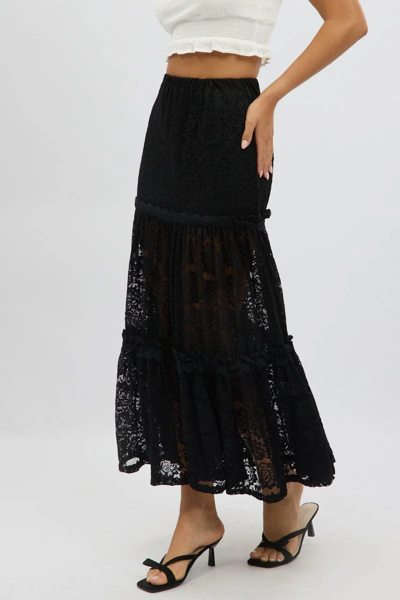 Black Lace Maxi Skirt Elastic Waist Tiered Lined - Image 4