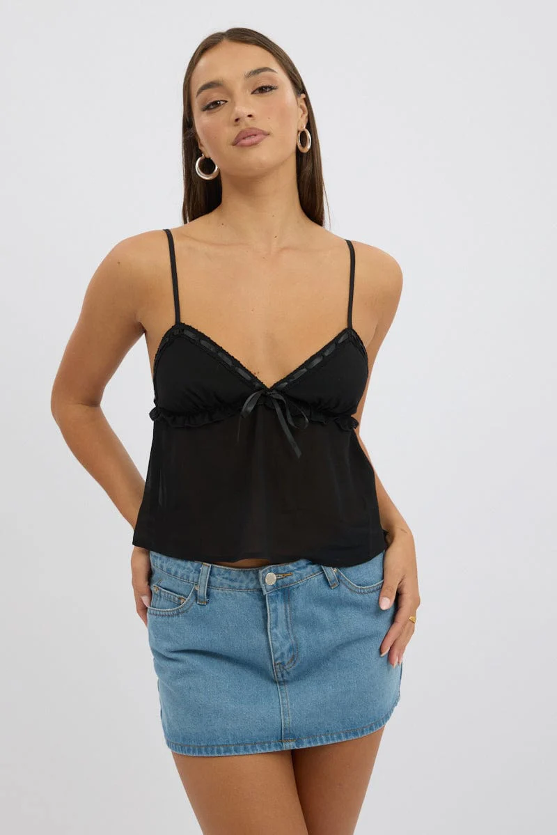 Black Lace Tape Cami Sleeveless Sweetheart Satin - Image 3