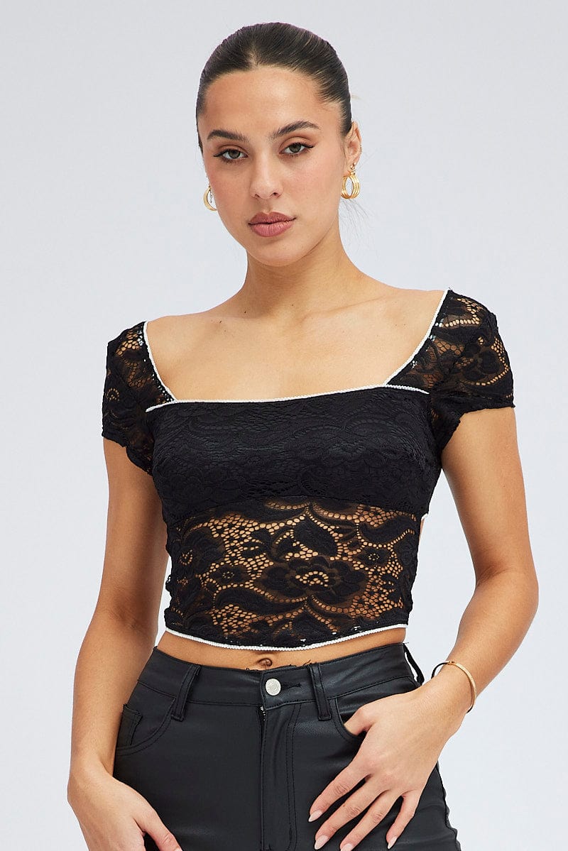 Black Lace Top Cap Sleeve Square Neck Open Back Stretch - Image 3