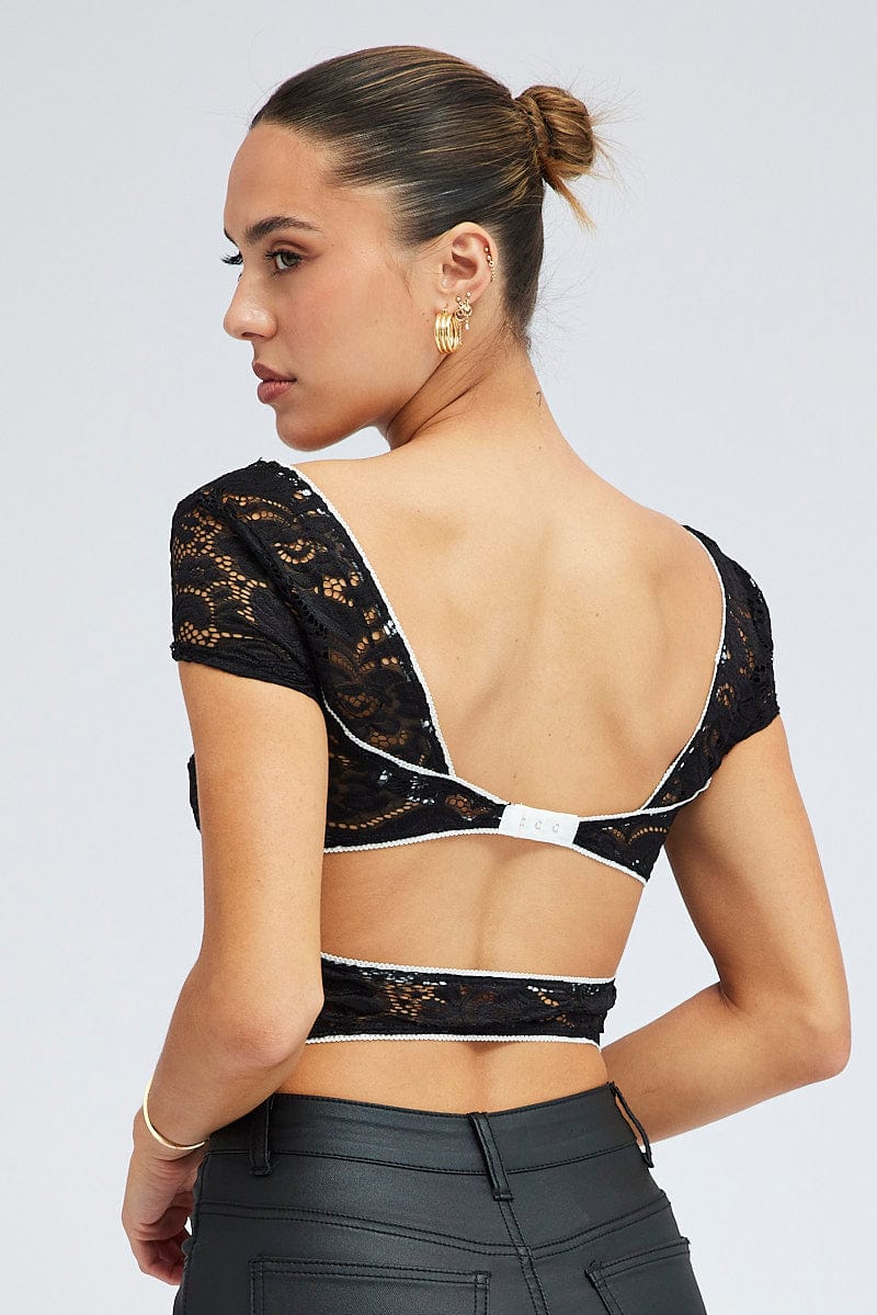 Black Lace Top Cap Sleeve Square Neck Open Back Stretch - Image 5