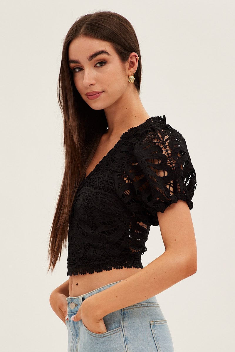 Black Lace Top Short Sleeve V Neck Crop - Image 4