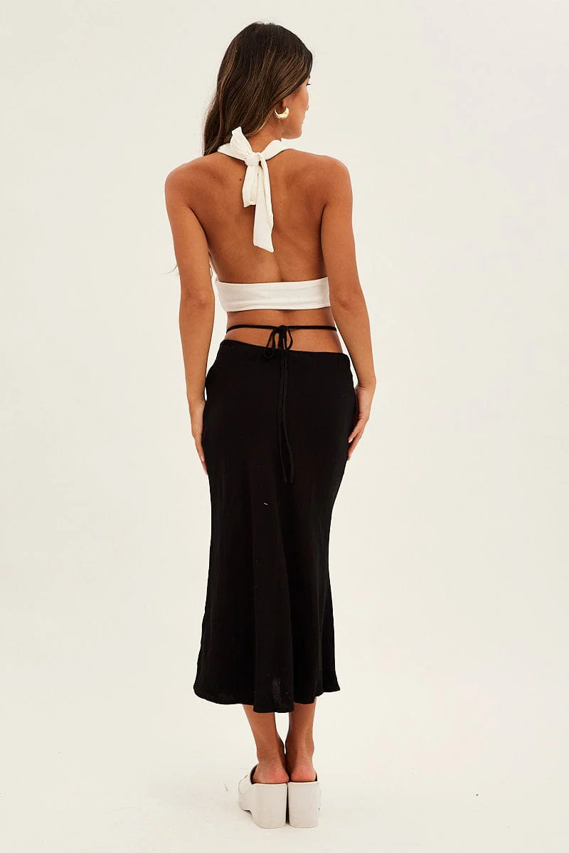 Black Linen Blend Waist Tie Slip Midi Skirt - Image 5