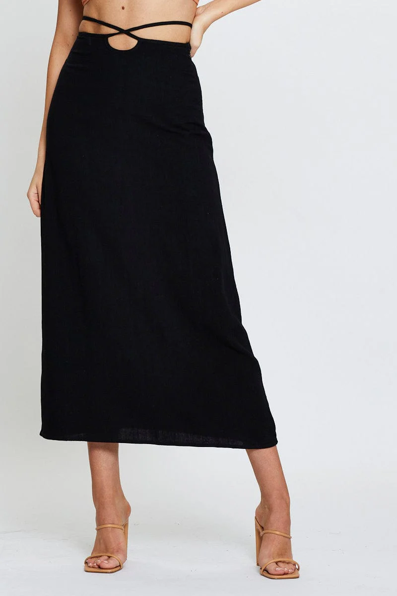 Black Linen Blend Wrap Tie Waist Maxi Skirt - Image 2