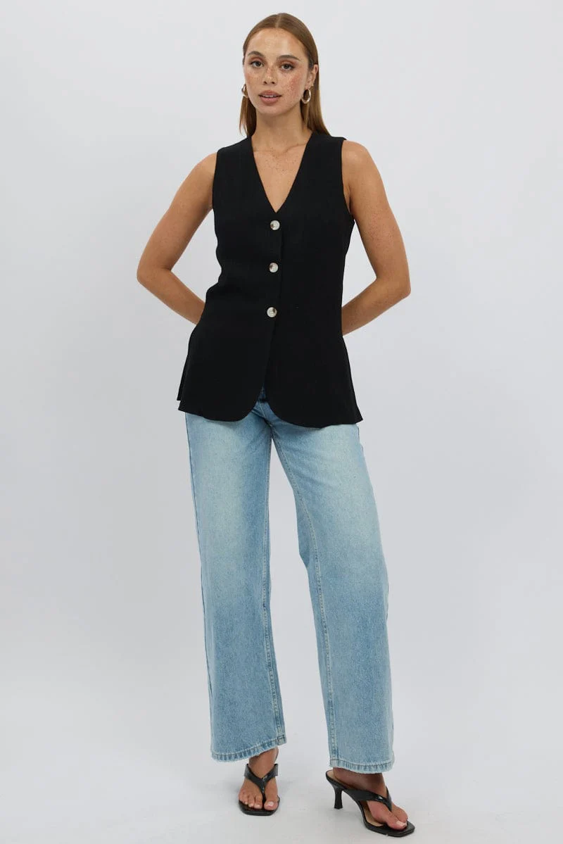 Black Linen Vest Longline V Neck - Image 2
