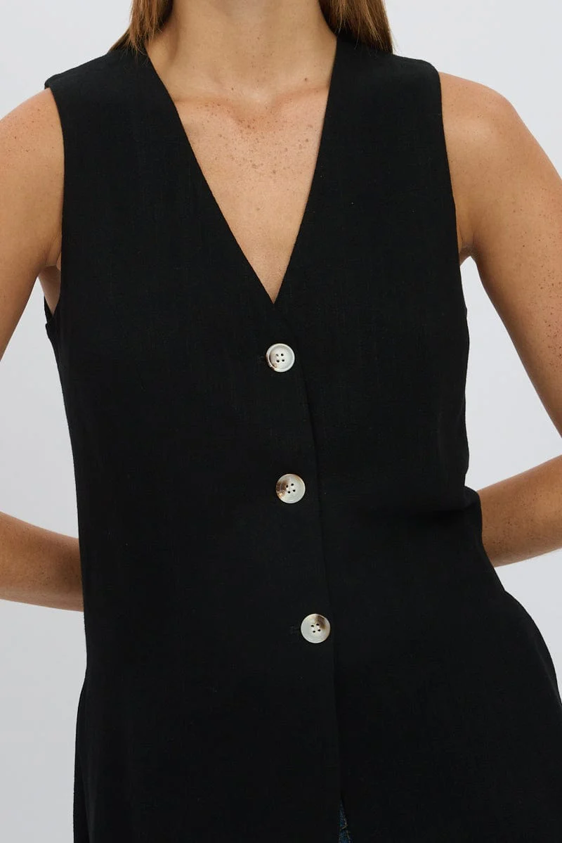 Black Linen Vest Longline V Neck - Image 6