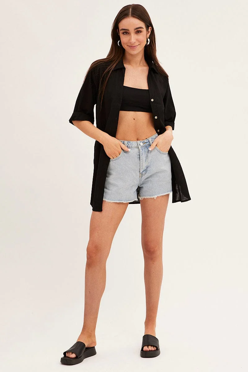 Black Long Line Roll Sleeve Collared Button Front Shirt - Image 2