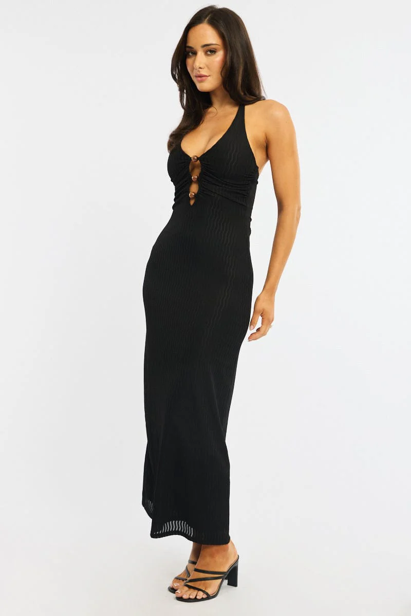 Black Maxi Dress Beading Trim Textured Fabric - Image 3