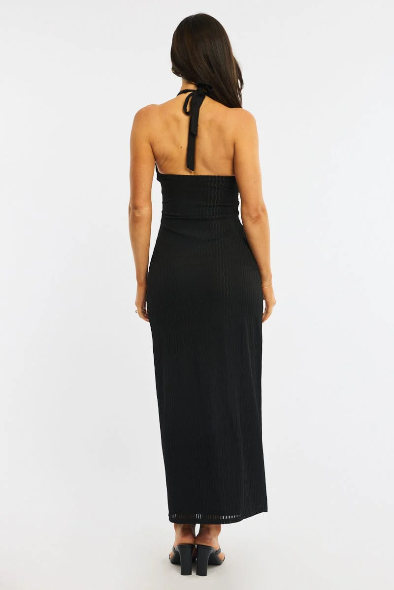 Black Maxi Dress Beading Trim Textured Fabric - Image 4