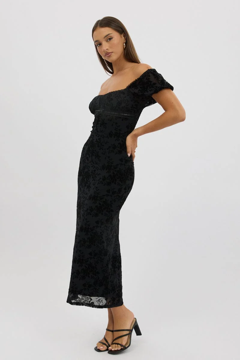 Black Maxi Dress Puff Sleeve Burn Out - Image 4