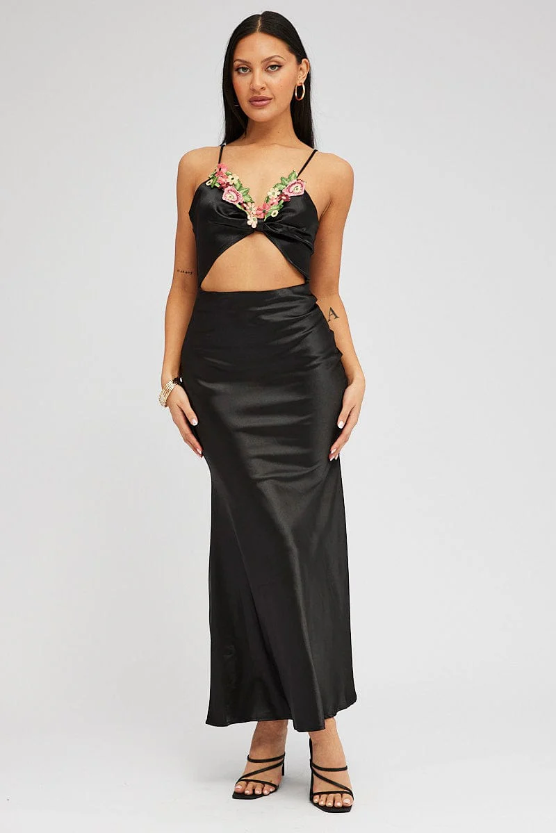 Black Maxi Dress Satin Flower Embroidery Applique - Image 3