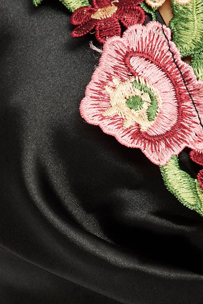 Black Maxi Dress Satin Flower Embroidery Applique - Image 6