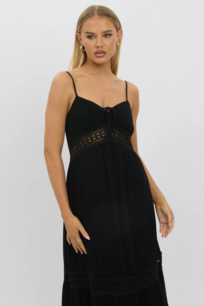 Black Maxi Dress Strappy Lace Trim - Image 2