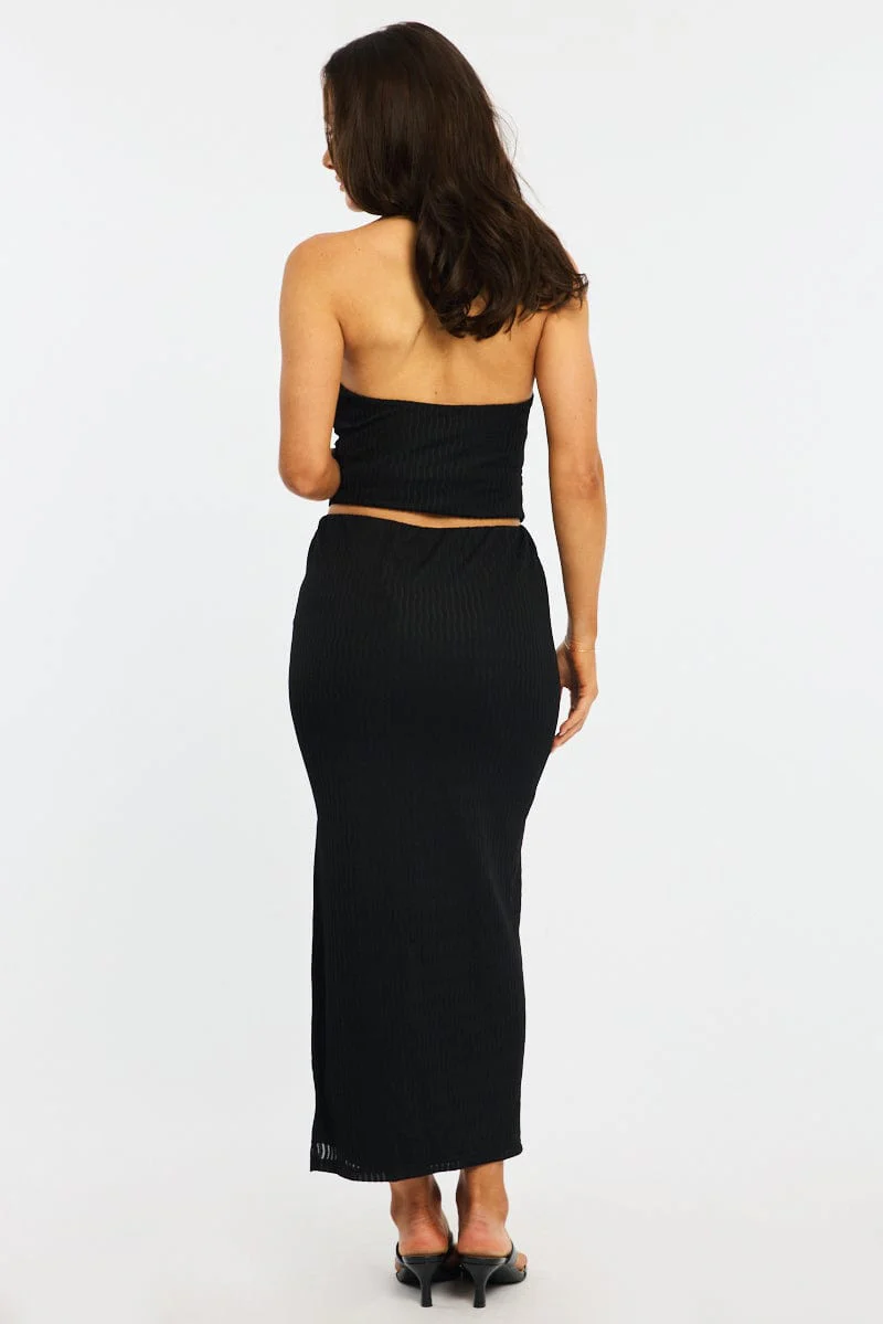 Black Maxi Skirt Elasticated Waist Side Split Textured - Image 5