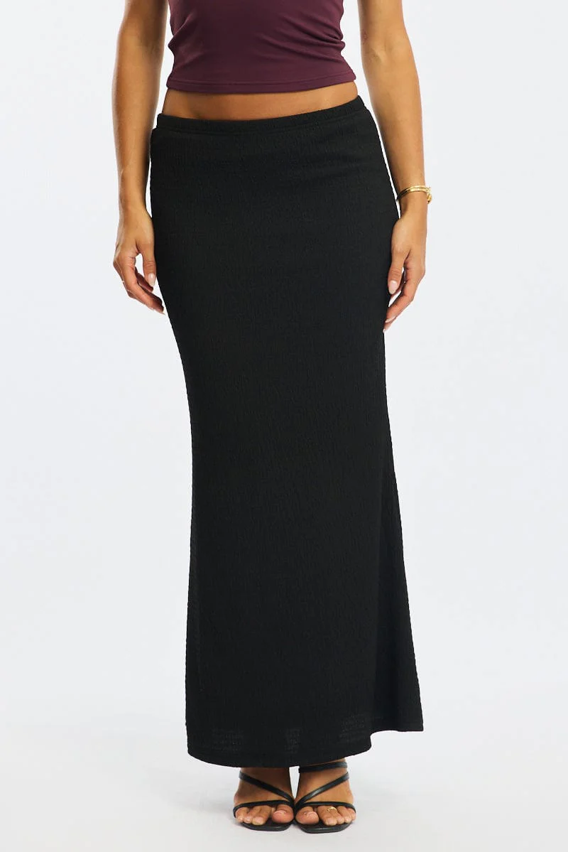Black Maxi Skirt Elasticated Waist Textured Half Lined - Image 2