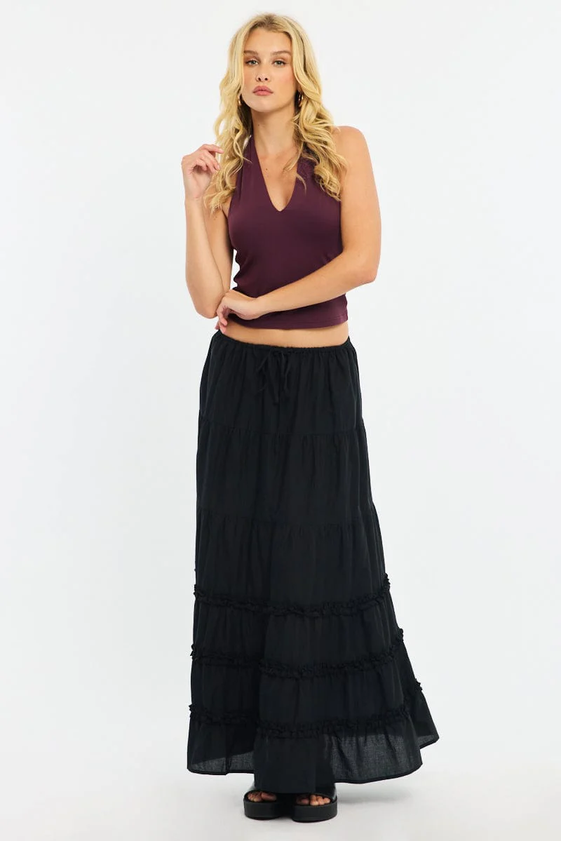 Black Maxi Skirt Elasticated Waist Tiered Frilled Detail