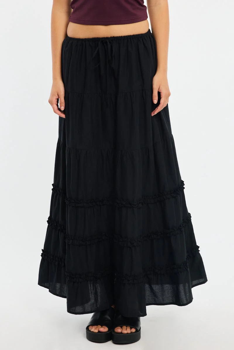 Black Maxi Skirt Elasticated Waist Tiered Frilled Detail - Image 2