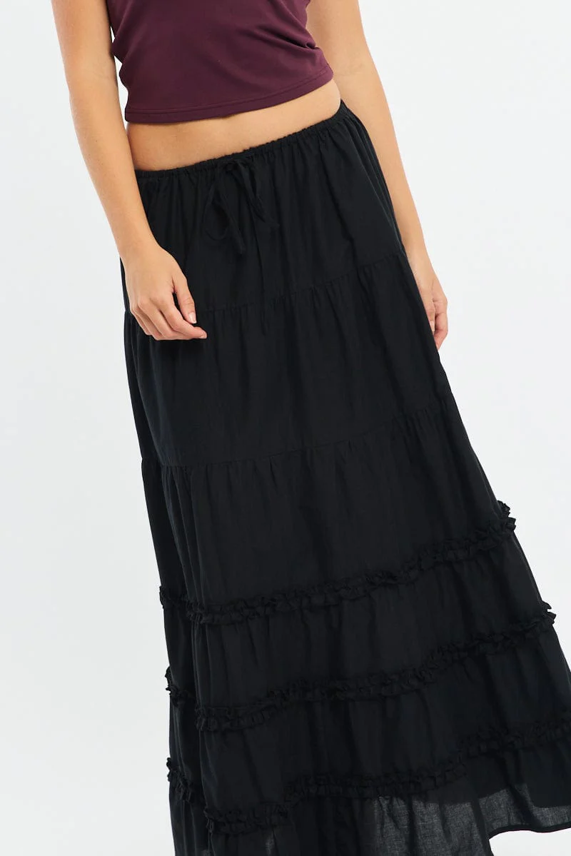 Black Maxi Skirt Elasticated Waist Tiered Frilled Detail - Image 5
