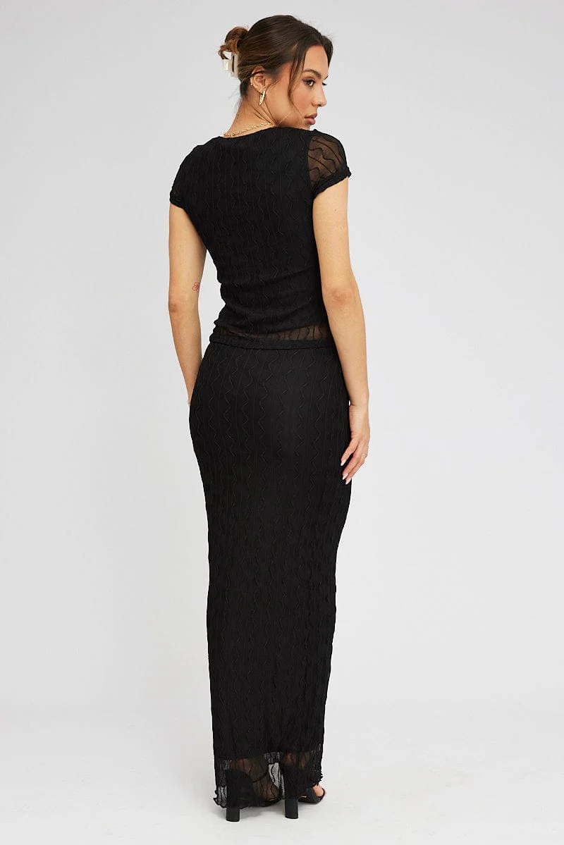 Black Maxi Skirt High Rise Bodycon Elastic Waist Lace - Image 5