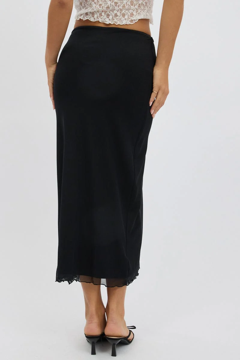 Black Maxi Skirt High Rise Ruffled Slit  Frill Hem Mesh - Image 4
